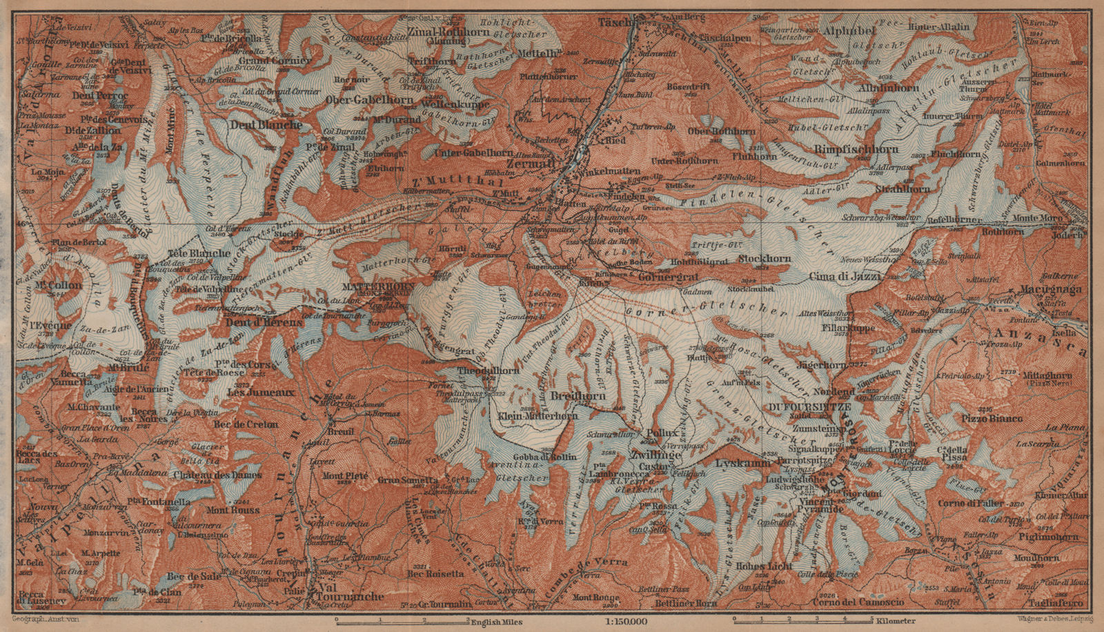 ZERMATT ENVIRONS. Breuil-Cervinia Matterhorn Tournanche Monte Rosa 1901 map